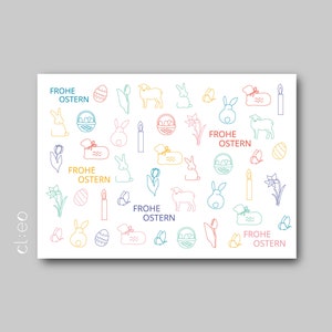 Cartolina "Pasqua" (DIN A6 - formato orizzontale), Pasqua, Buona Pasqua, biglietto d'auguri, coniglietto, cestino pasquale, uovo, narciso, candela, agnello pasquale, tulipano, colorato