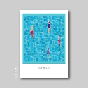 Postkarte "Freibad" (DIN A6), Schwimmerinnen im Pool, Grußkarte, Einladungskarte, Retro