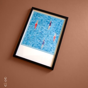 Poster/immagine incorniciata "Piscina" (DIN A4, cornice nera), legno, nuotatore in piscina, regalo, poster, piscina all'aperto, acqua, illustrazione, retrò