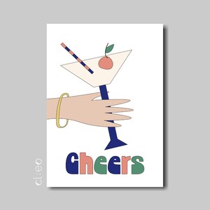 Cartolina "Cheers" (DIN A6), carta riciclata, bicchiere da cocktail, festa, celebrazione, ringraziamento, mano, bevanda, illustrazione, Capodanno, felice, invito