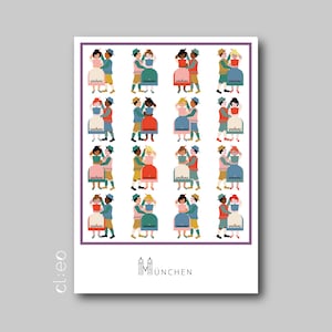 Postkarte "München" (DIN A6), tanzende Paare mit Dirndl und Lederhosen, Grußkarte, München, Oktoberfest, Wiesn ...