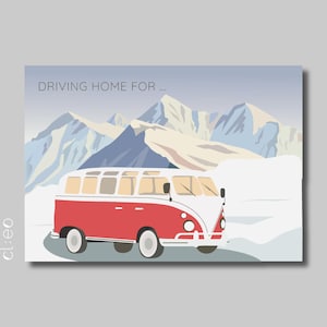 Cartolina "Tornando a casa per..." (DIN A6), carta riciclata, furgone, neve e montagne, biglietto di auguri, Buon Natale, San Valentino, invito
