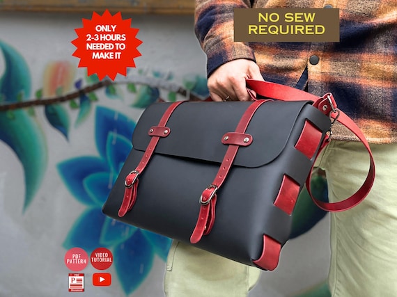 No Stitch Briefcase Pattern / 15,3x10" Leather Travel Laptop Bag PDF / No Sew Messenger PDF Pattern / Crossbody Bag Template