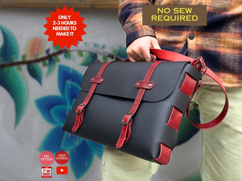 No Stitch Briefcase Pattern / 15,3x10" Leather Travel Laptop Bag PDF / No Sew Messenger PDF Pattern / Crossbody Bag Template