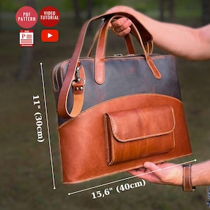 Patrón PDF para maletín de 15,6 x 11,5 pulgadas / Funda para portátil DIY / Funda de cuero para ordenador / Bolso para portátil con bolsillo / Videotutorial