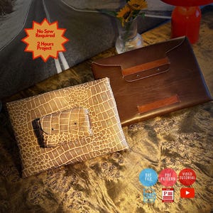 May include: A brown leather document folder with a handle and a smaller matching pouch, alongside a tan textured envelope-style case with a small wallet attached. Text on the image reads: No Sew Required, 2 Hours Project, DXF File, PDF Pattern, Video Tutorial.