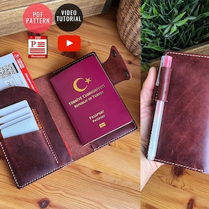 Funda para pasaporte o cuaderno con patrón de portalápices, PDF de notas de campo, plantilla de billetera para pasaporte con ranuras para tarjetas, patrón de cuaderno DIY