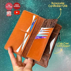 Patrón PDF de billetera larga / Plantilla de billetera de mano / Patrón de cartera de cuero / Patrón PDF de monedero / Videotutorial
