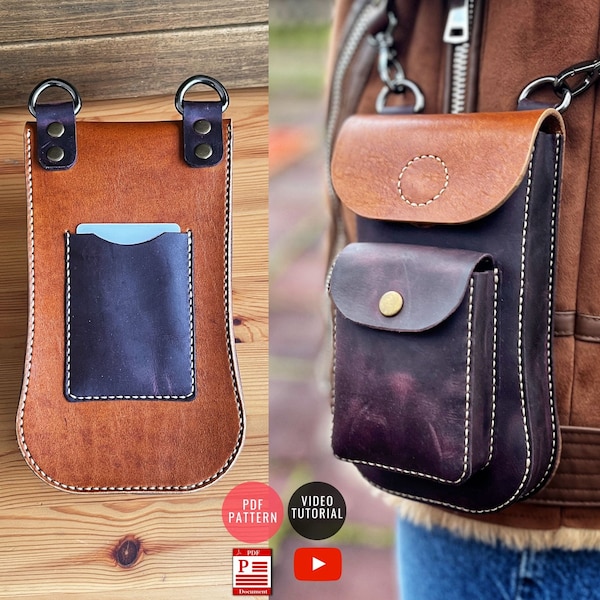 Cross Phone Bag Pattern with Extra Pocket / Leather Bag PDF /Downloadable Crossbody Bag PDF Template / Mobile Case Pattern / Video Tutorial