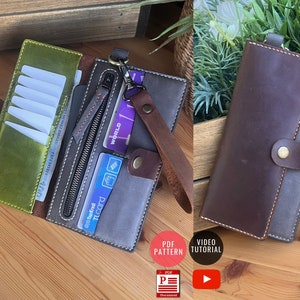 Patrón PDF Cartera larga con cremallera/ Clutch de cuero descargable / Cartera de funda para teléfono / Plantilla PDF / Patrón artesanal / Vídeo tutorial