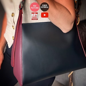 Patrón de bolso de cuero para mujer con bolsillos interiores / Patrón de bolso de cuero en PDF / Plantilla de bolso descargable / Bolso de costura en PDF / Videotutorial