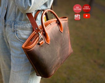 Leather Tote Bag Pattern with Zipper / Leather Bag PDF Pattern /Downloadable Bag Template / Sewing Bag PDF / Video Tutorial