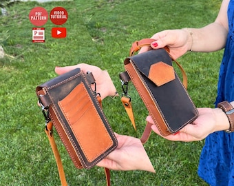 以下が含まれることがあります： 2つの革製クロスボディフォンケース。1つはダークブラウンで、タン色のアクセントとフラップクロージャーが付いています。もう1つはダークブラウンで、タン色のカードホルダーが付いています。どちらもタン色のストラップが付いています。
