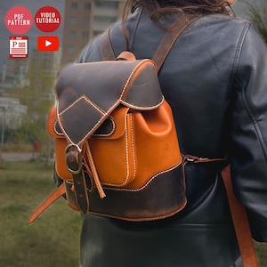 May include: A brown leather backpack with a flap closure and a front pocket. The backpack has a distressed look and is worn by a person.