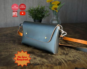 No Sew  Bag Pattern with Single Piece of Leather  / Quick DIY Shoulder  Bag / Crossbody Bag Template / Tutorial Video