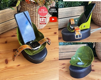 Patrón PDF de soporte de cuero para teléfono y Apple Watch / Plantilla de soporte para teléfono / Soporte de cuero para reloj DIY / Descarga PDF / Videotutorial