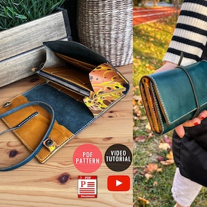 Plantilla de billetera de mano descargable / Funda de cuero para teléfono / Patrón de cartera de cuero / Billetera para teléfono / Patrón de artesanía en PDF / Video tutorial
