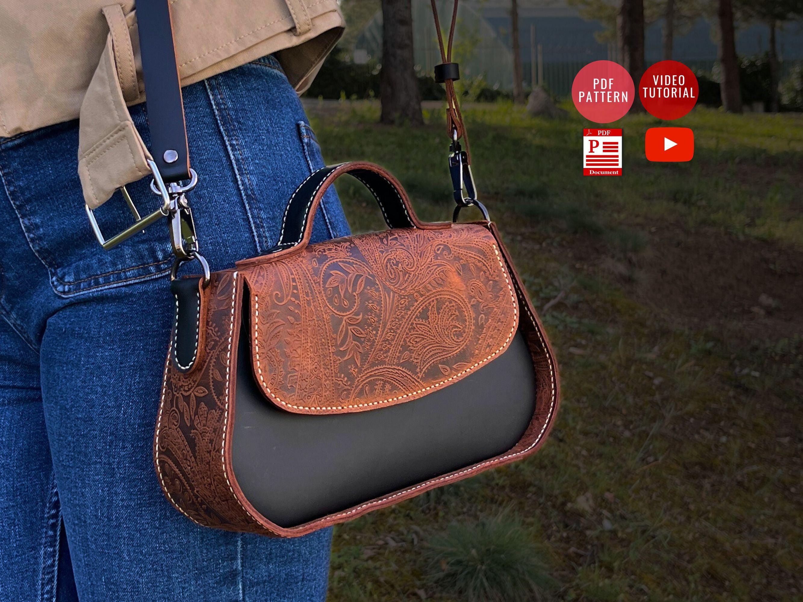 Handbag PDF Pattern / Downloadable Shoulder Bag Pattern / Leather Crossbody PDF Template / Video Tutorial