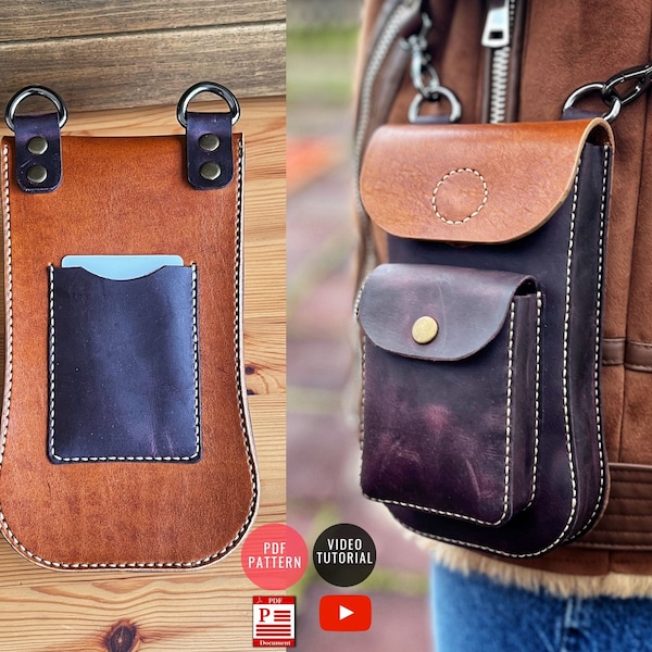 Cross Phone Bag Pattern with Extra Pocket / Leather Bag PDF /Downloadable Crossbody Bag PDF Template / Mobile Case Pattern / Video Tutorial