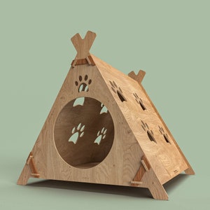 Casa de gato de madera, Laser Svg - Dxf- Cdr - Pdf - Ai, Casa de gato de prisma triangular, Muebles para mascotas, Casa de gato de tienda, Casa de madera para dormir de gato