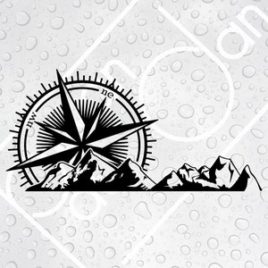 May include: Black and white illustration of a compass with a mountain range in the background. The compass points north, south, east, and west. The compass is surrounded by a circle with the letters "NW", "NE", "SE", and "SW" on it.
