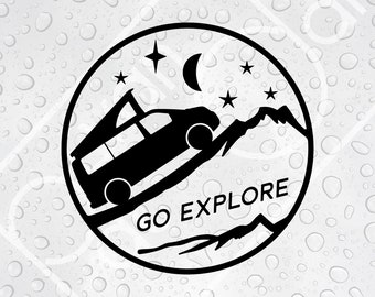 May include: Black and white illustration of a camper van driving up a mountain road at night. The van has a pop-up top and is surrounded by stars and a crescent moon. The text "GO EXPLORE" is written below the van.