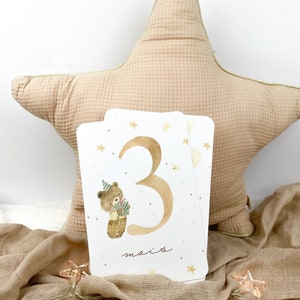Cartão de marco do bebê - Cartão de marco do primeiro ano - Mês de aniversário - Cartão de desenvolvimento do bebê - Presente de nascimento - Animais em aquarela