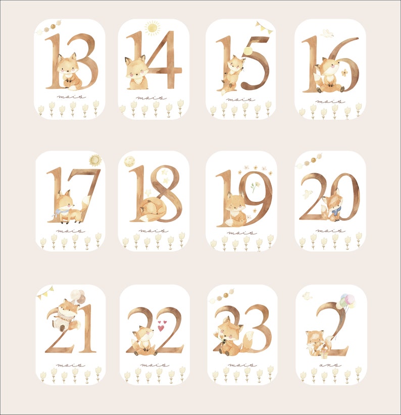 Cartes étapes bébé - Première année bébé - Mois anniversaires - 1ère année - Renard - anglais - français - allemand - espagnol - italien image 8