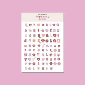 Hoja de pegatinas de alfabeto de amor retro, alfabeto de scrapbooking, alfabeto, corazones - pegatinas de scrapbooking, diario basura, diario de viñetas