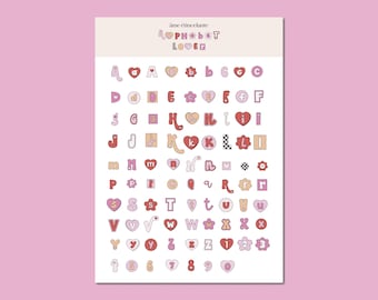 Retro love alphabet sticker sheet, scrapbooking alphabet, alphabet, hearts - scrapbooking stickers, junk journal, bullet journal