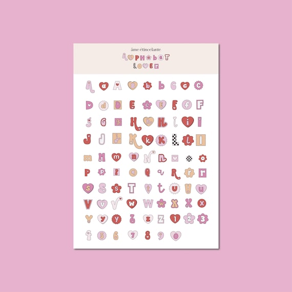 Feuille de stickers alphabet retro love, alphabet scrapbooking, alphabet, coeurs- autocollants scrapbooking, junk journal, bullet journal