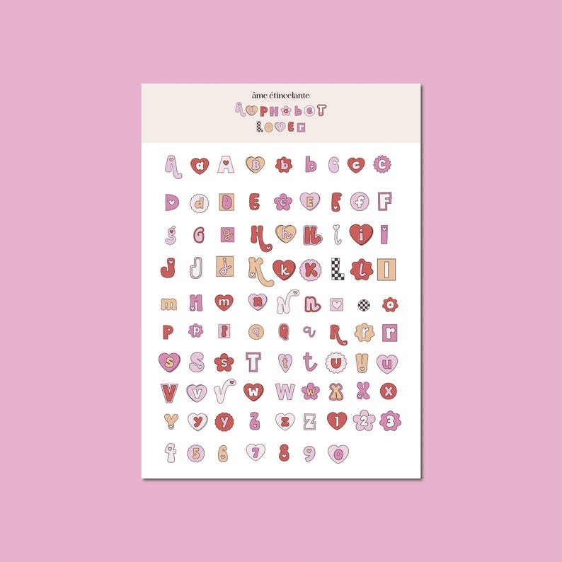 May include: A printable sheet of alphabet stickers with a pink, red, and yellow color scheme. The letters are in a variety of fun, whimsical fonts. The sheet also includes numbers and symbols.