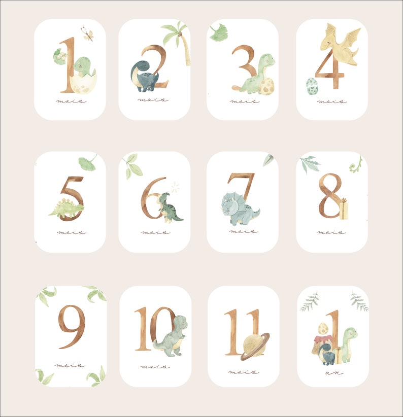 Cartes étapes bébé - Première année bébé - Mois anniversaires - 1ère année - grossesse - dinosaures anglais allemand espagnol italien image 6