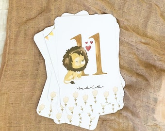 Cartes étapes bébé - Première année bébé - Mois anniversaires -1ere année - Lion et tigre- roi lion - anglais - allemand -espagnol- italien