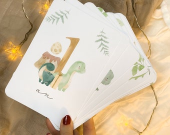 Tarjetas con los hitos del bebé: el primer año del bebé, los meses de su cumpleaños, el primer año, el embarazo y los dinosaurios