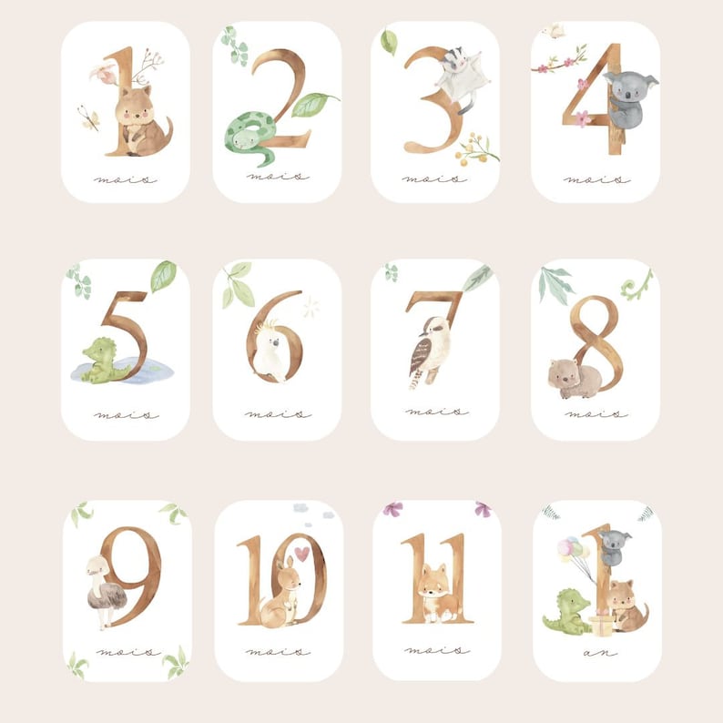 Cartes étapes bébé - Première année bébé - Mois anniversaires - 1ère année - grossesse - animaux jungle - Australie - animaux aquarelle Classique