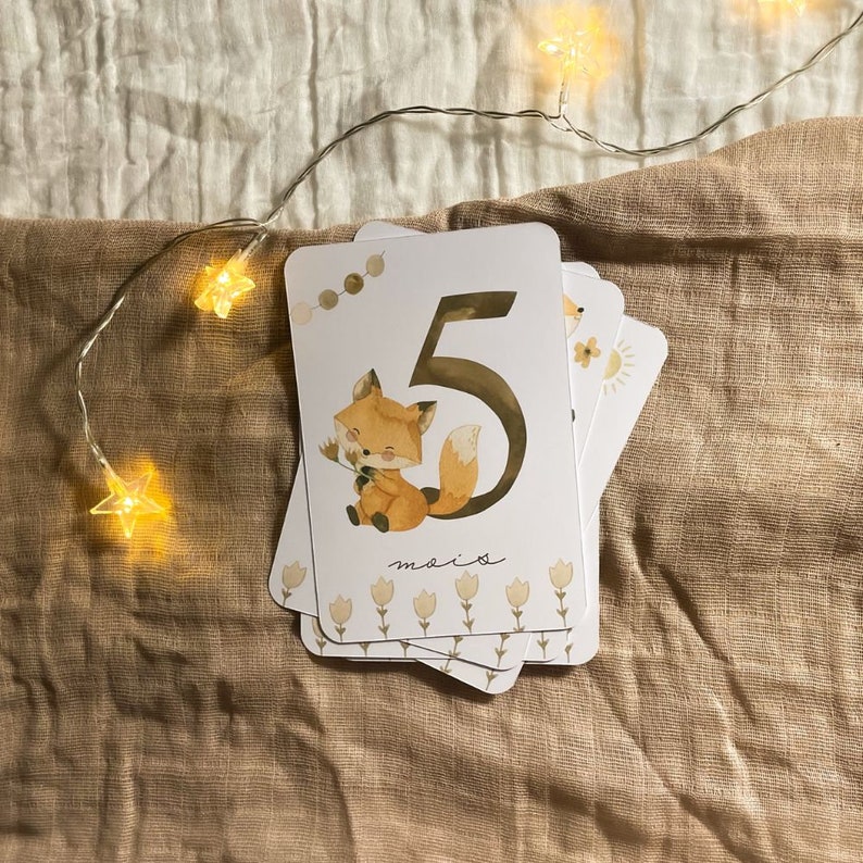 Cartes étapes bébé - Première année bébé - Mois anniversaires - 1ère année - Renard - anglais - français - allemand - espagnol - italien image 3