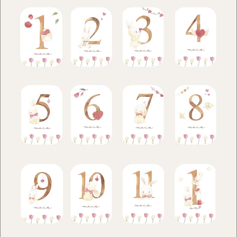 Cartes étapes bébé - Première année bébé - Mois anniversaires - 1ère année - grossesse - lapin coquette - anglais allemand espagnol italien Classique