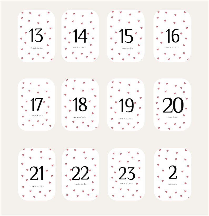 Cartes étapes bébé - Première année bébé - Mois anniversaires - 1ère année - grossesse - coeur rouge + Deuxième année