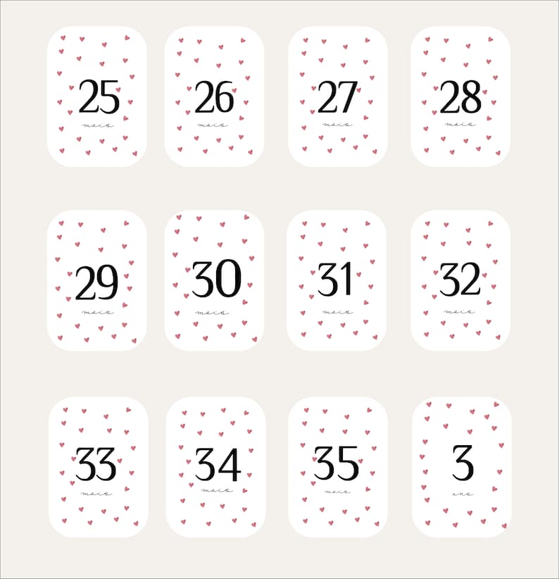 Cartes étapes bébé - Première année bébé - Mois anniversaires - 1ère année - grossesse - coeur rouge + 3ème année