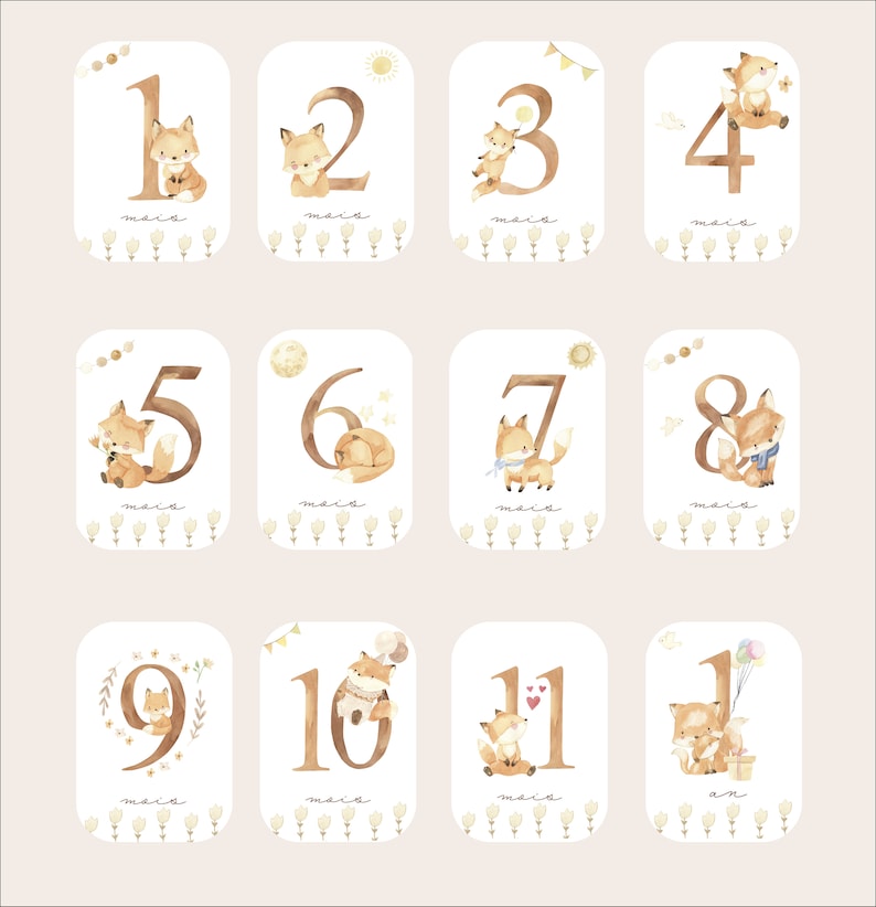 Cartes étapes bébé - Première année bébé - Mois anniversaires - 1ère année - Renard - anglais - français - allemand - espagnol - italien image 6