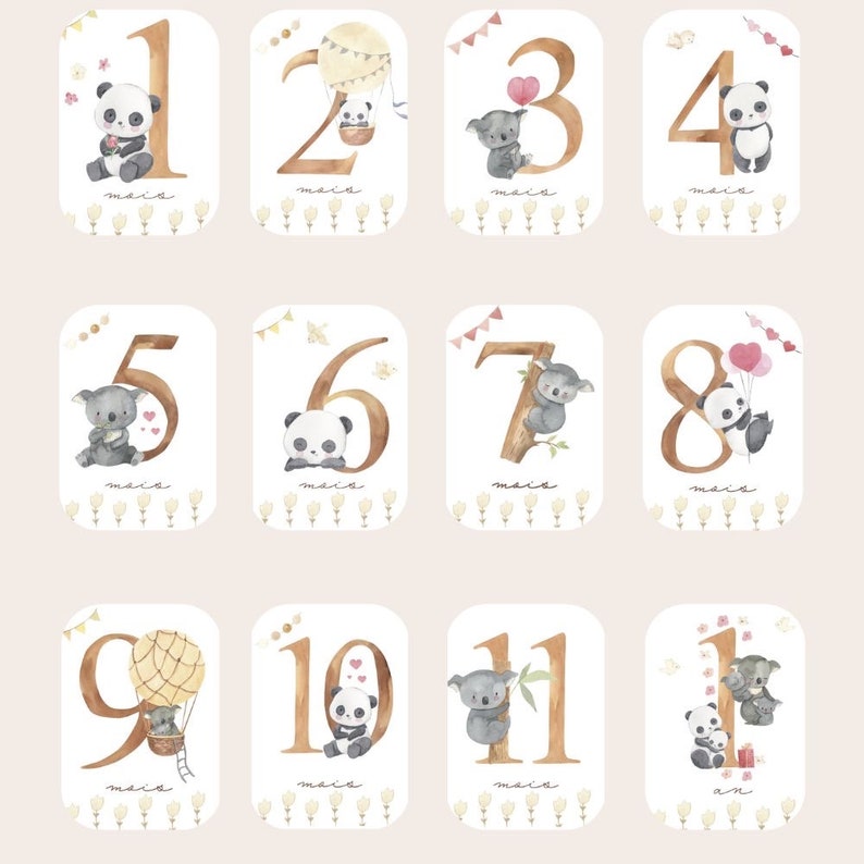 Cartes étapes bébé - Première année bébé - Mois anniversaires - 1ère année - grossesse - Panda et Koala Classique