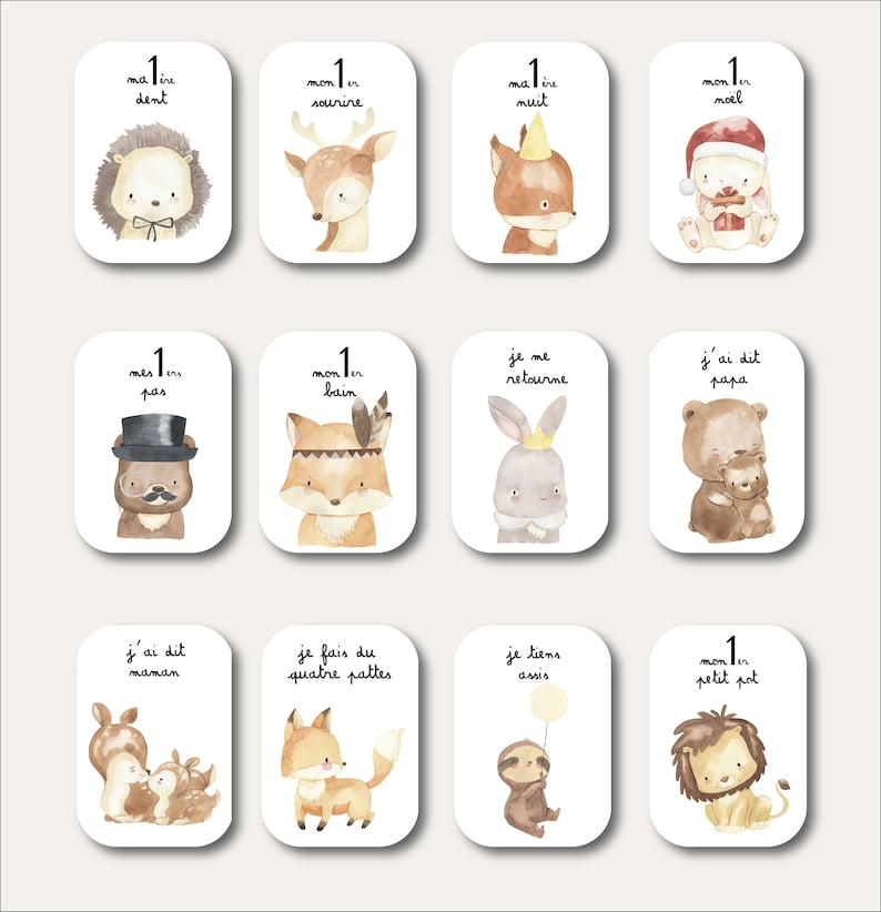 Cartes étapes bébé - Première année bébé - Mois anniversaires - 1ère année - grossesse - coeur rouge + mes premières fois