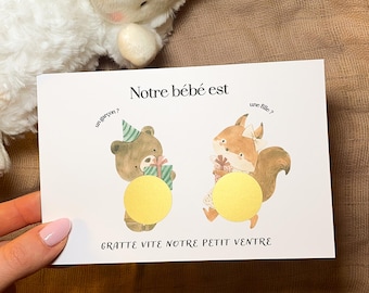 Carte à gratter - gender reveal - carte sexe bébé à gratter - carte à gratter annonce sexe bébé - fille ou garçon ? animaux aquarelle