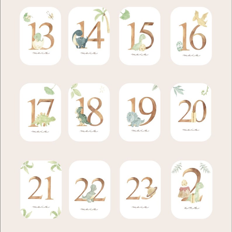 Cartes étapes bébé - Première année bébé - Mois anniversaires - 1ère année - grossesse - dinosaures anglais allemand espagnol italien + 2ème année