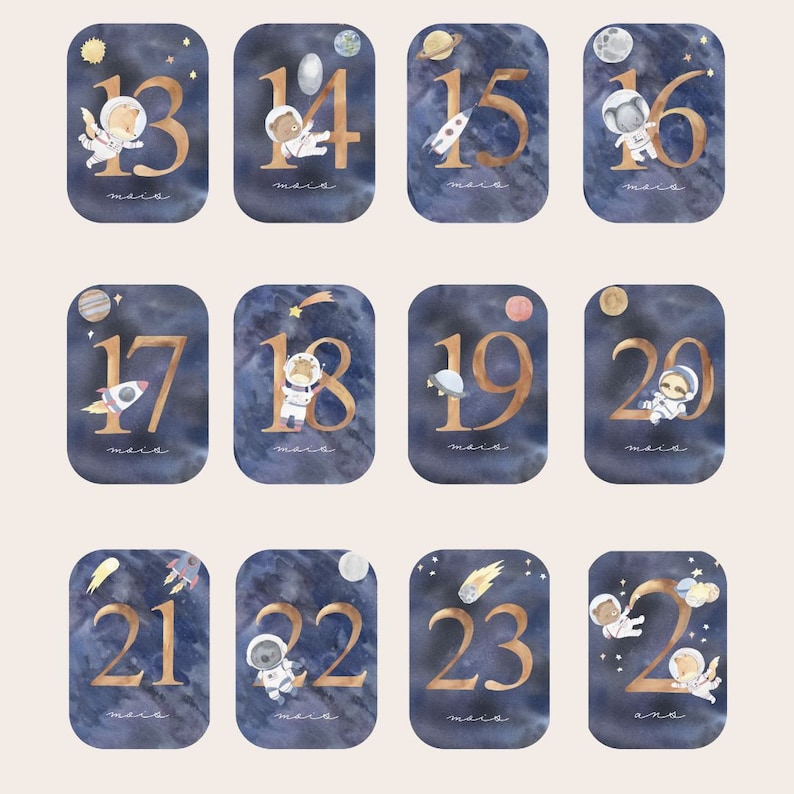 Cartes étapes bébé - Deuxième année bébé - Mois anniversaires - 2eme année - astronaute - anglais - français - allemand - espagnol - italien 2 ème année