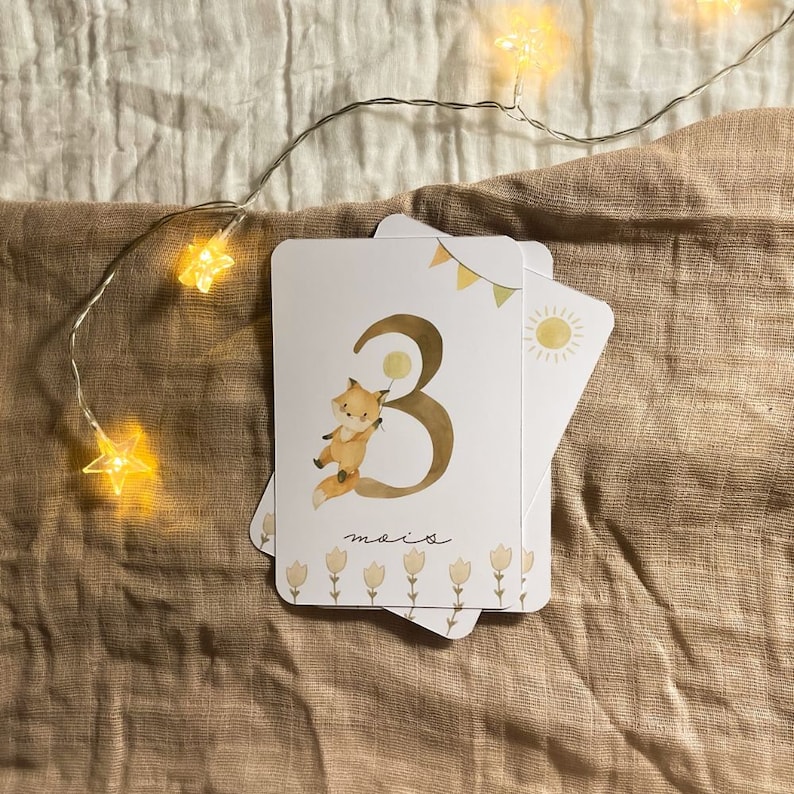 Cartes étapes bébé - Première année bébé - Mois anniversaires - 1ère année - Renard - anglais - français - allemand - espagnol - italien image 1
