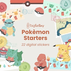 May include: A set of 22 digital stickers featuring Pok&eacute;mon characters. The stickers are in a cartoon style and feature various Pok&eacute;mon, including Bulbasaur, Charmander, Squirtle, and Pikachu. The stickers are perfect for adding a touch of fun to your digital projects.