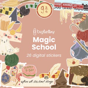 Könnte beinhalten: Ein Set mit 26 digitalen Stickern mit Illustrationen von magischen Schulsachen, darunter ein Hogwarts Express Zug, ein Sortierhut, ein Kessel, ein Geburtstagskuchen, ein Goldener Schnatz, ein Zauberstab und ein Rabe. Der Text "Magic School" ist in der Mitte des Bildes zu sehen.