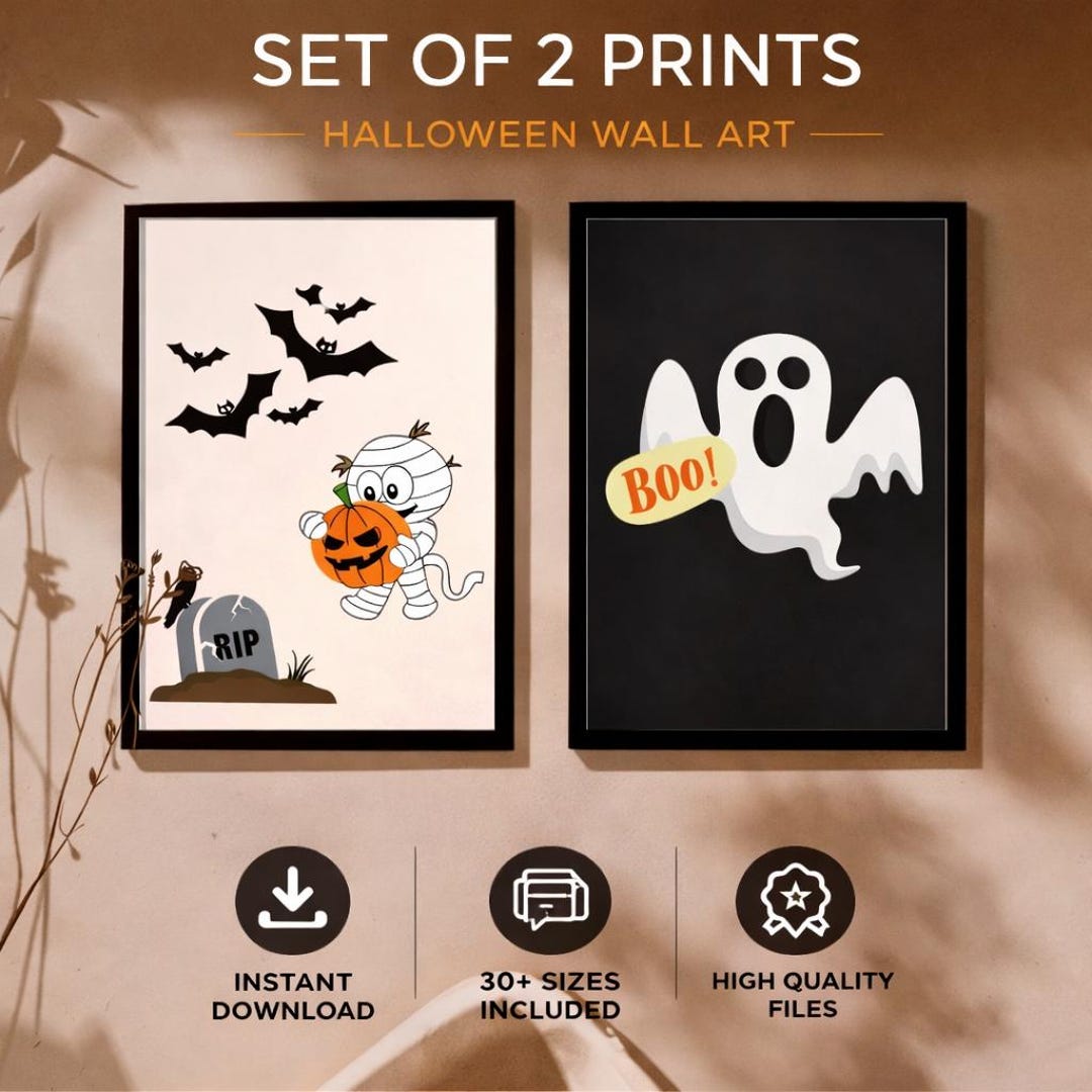 Mummy Boo Halloween Wall Art Set, Boo Mummy Prints, Spooky Printable Decor, Cute ...